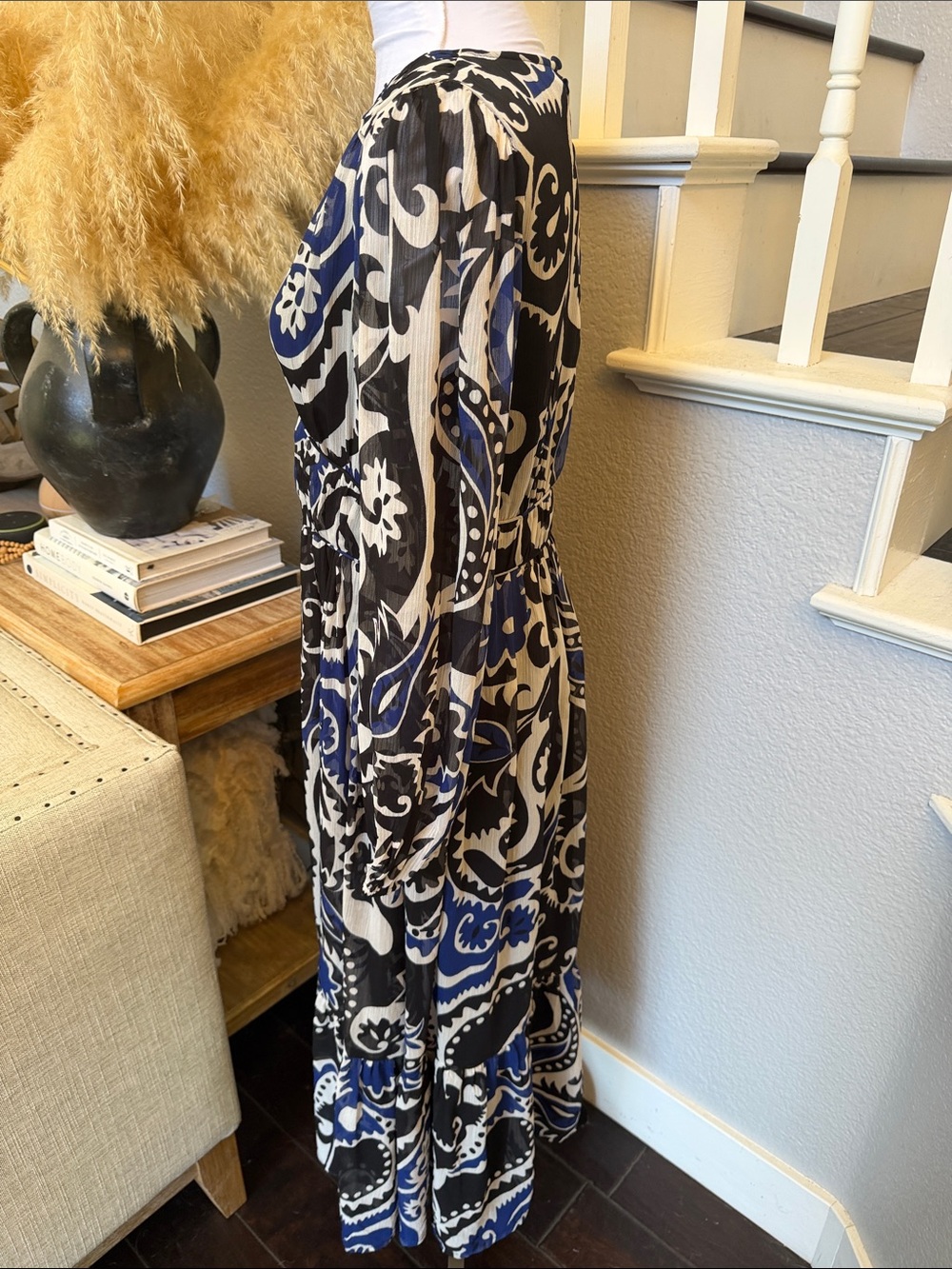 LOFT Paisley Flounce Midi Dress Blue Black Sheer Long Sleeve Boho Size 4 - Picture 4 of 8